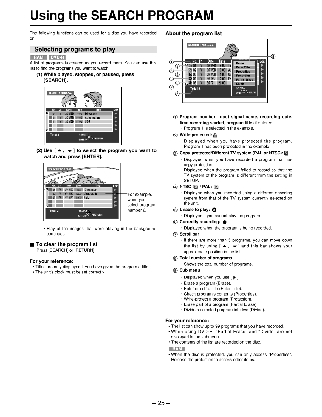 Panasonic LQ-MD800P manual Using the Search Program, Selecting programs to play, To clear the program list 