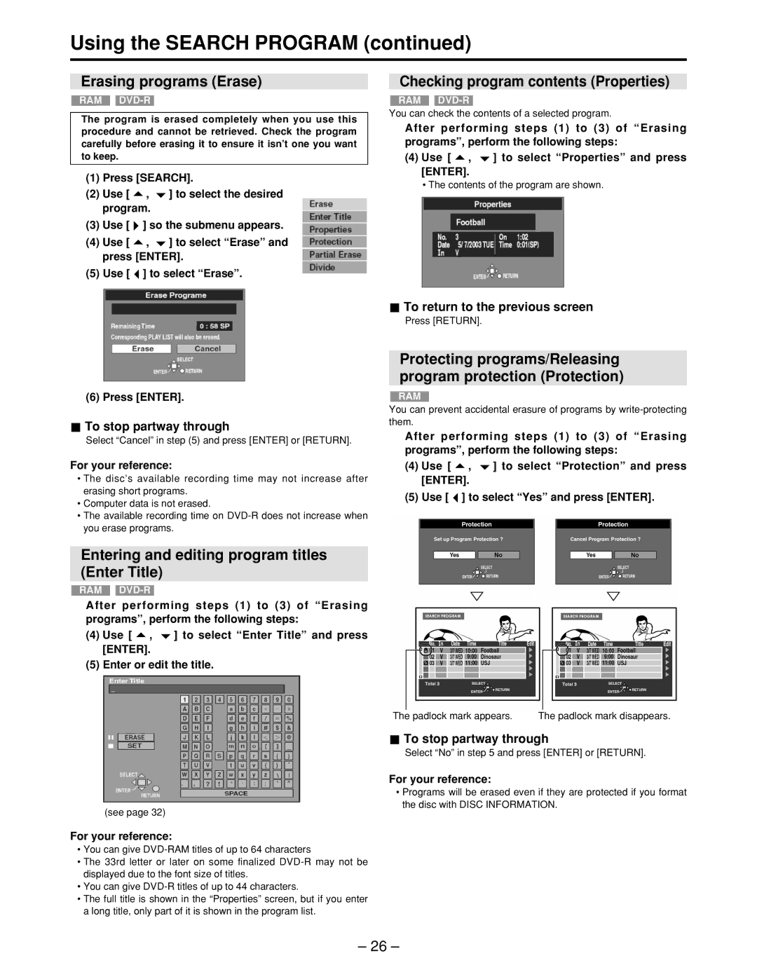 Panasonic LQ-MD800P manual Using the Search Program, Erasing programs Erase, Checking program contents Properties 