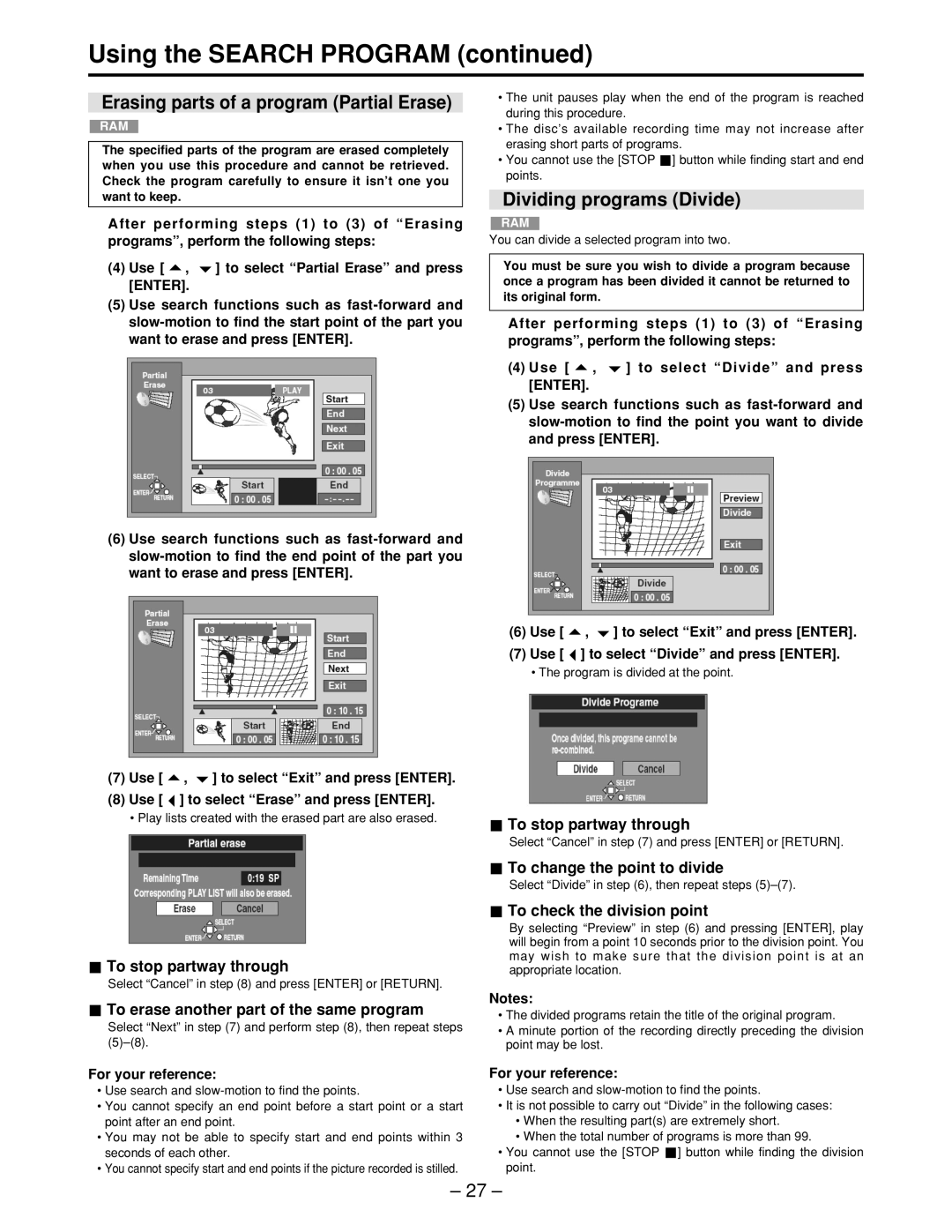 Panasonic LQ-MD800P Erasing parts of a program Partial Erase, Dividing programs Divide, To change the point to divide 