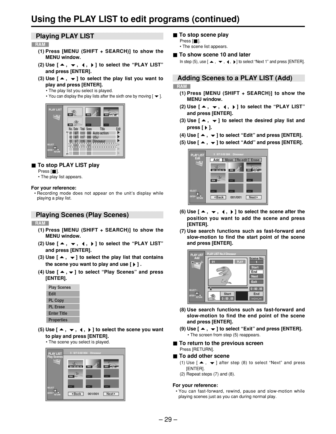 Panasonic LQ-MD800P manual Using the Play List to edit programs, Playing Play List, Adding Scenes to a Play List Add 