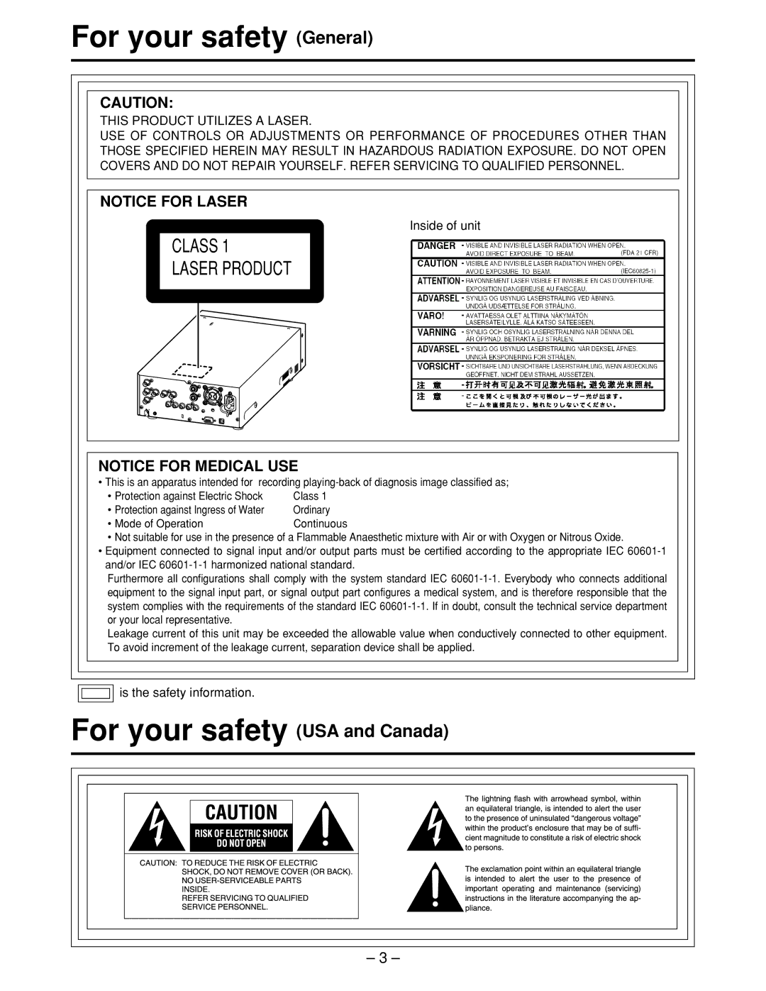 Panasonic LQ-MD800P manual For your safety USA and Canada, Laser Product 