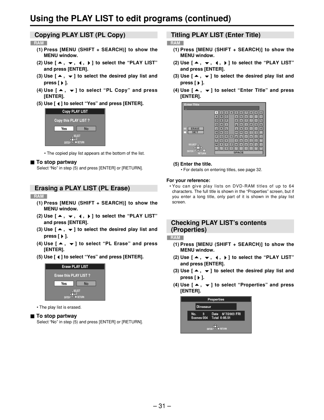 Panasonic LQ-MD800P manual Copying Play List PL Copy, Erasing a Play List PL Erase, Titling Play List Enter Title 