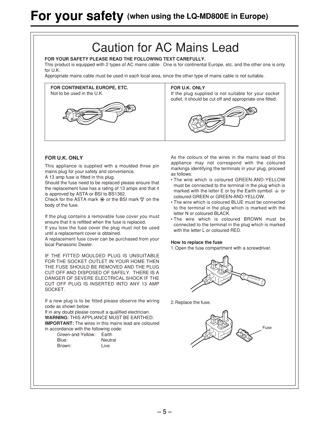 Panasonic LQ-MD800P manual For your safety when using the LQ-MD800E in Europe 