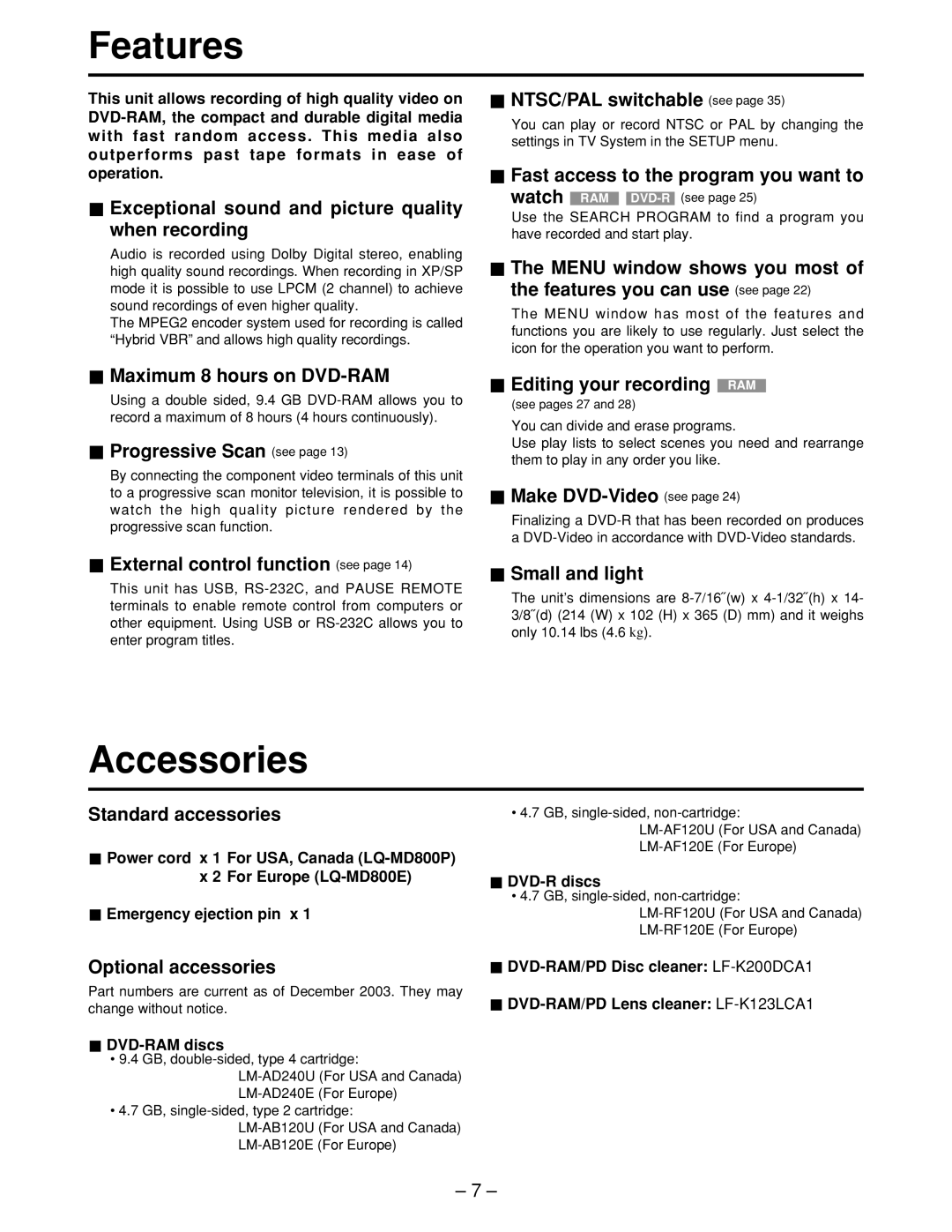 Panasonic LQ-MD800P manual Features, Accessories 