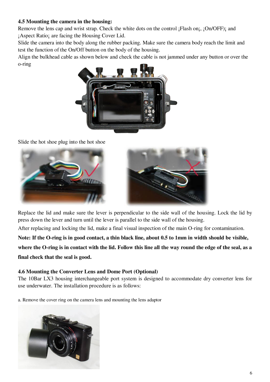 Panasonic LX3 user manual Mounting the camera in the housing, Mounting the Converter Lens and Dome Port Optional 