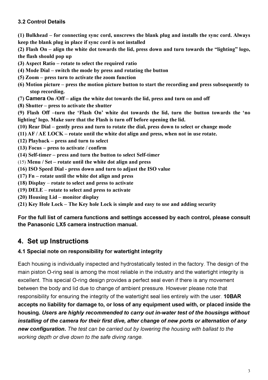 Panasonic LX5 user manual Control Details, Special note on responsibility for watertight integrity 