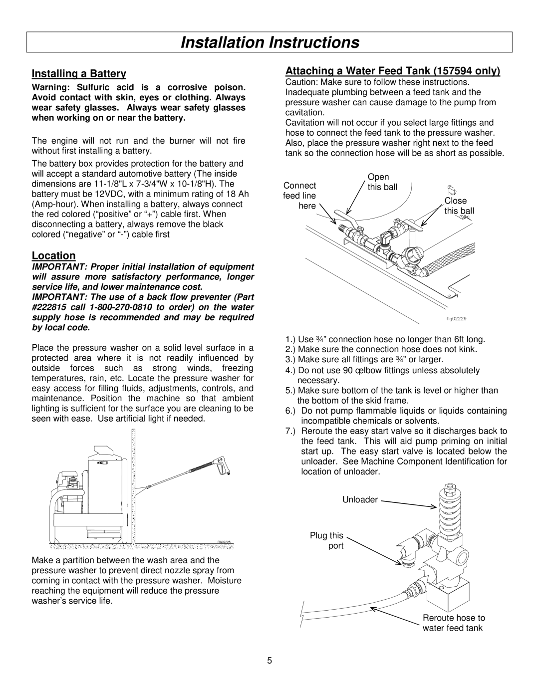 Panasonic M157594J Installation Instructions, Installing a Battery, Location, Attaching a Water Feed Tank 157594 only 