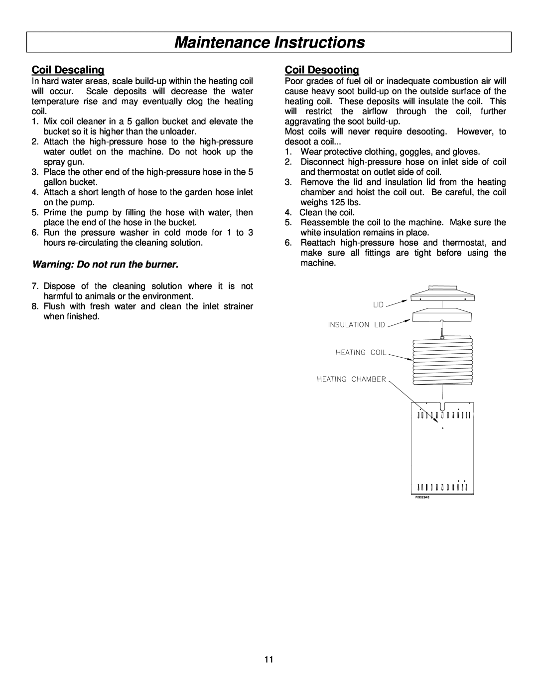 Panasonic M157594J specifications Coil Descaling, Coil Desooting, Maintenance Instructions, Warning Do not run the burner 