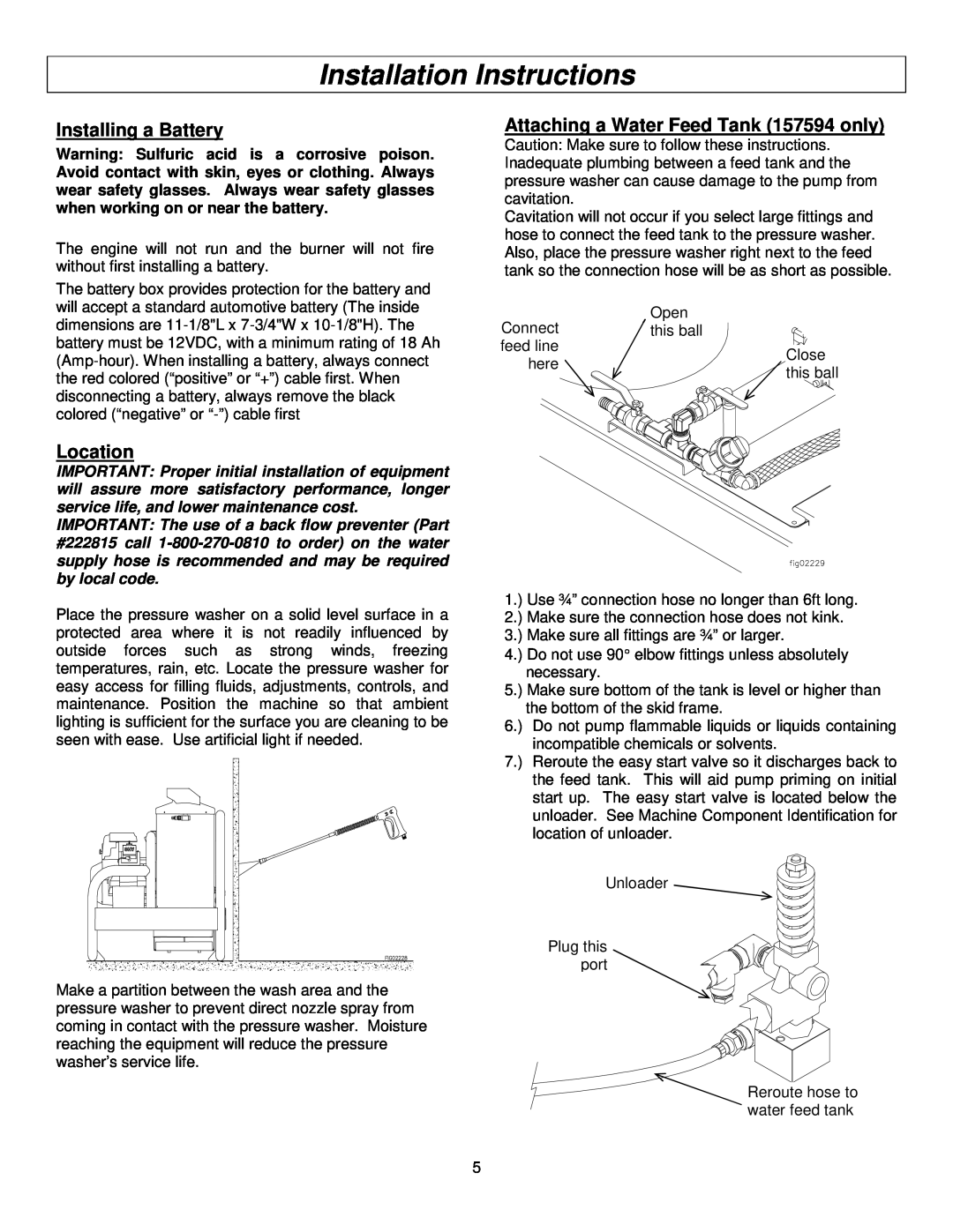 Panasonic M157594J Installation Instructions, Installing a Battery, Location, Attaching a Water Feed Tank 157594 only 