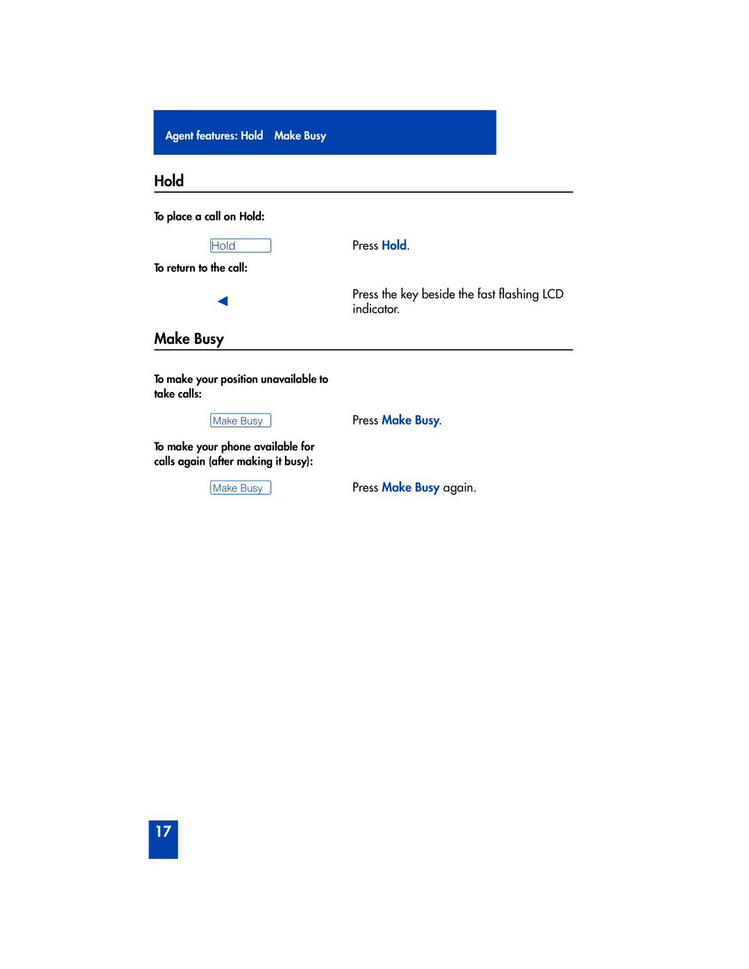 Panasonic M2216ACD manual Hold, Make Busy 