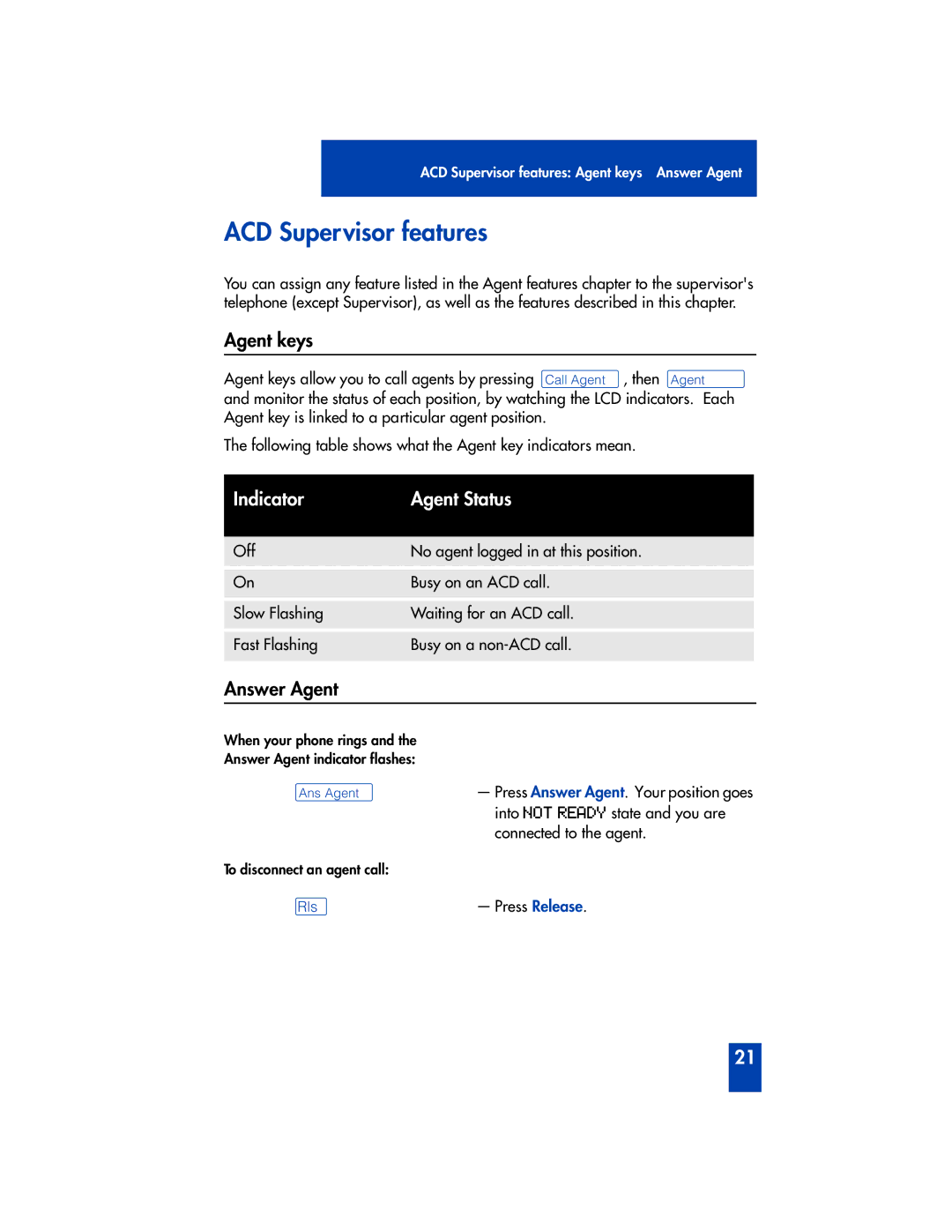 Panasonic M2216ACD manual ACD Supervisor features, Agent keys, Answer Agent, ºAns Agent 