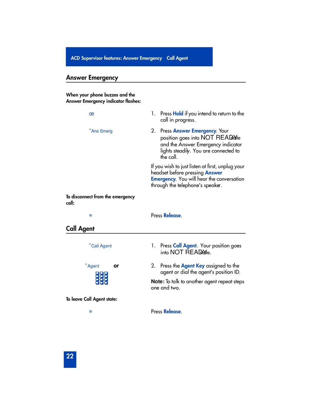 Panasonic M2216ACD manual Answer Emergency, Call Agent, ºAns Emerg, ºAgent 