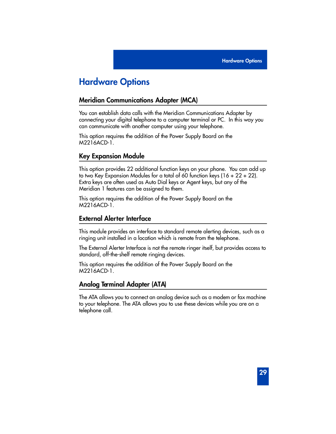 Panasonic M2216ACD Hardware Options, Meridian Communications Adapter MCA, Key Expansion Module, External Alerter Interface 