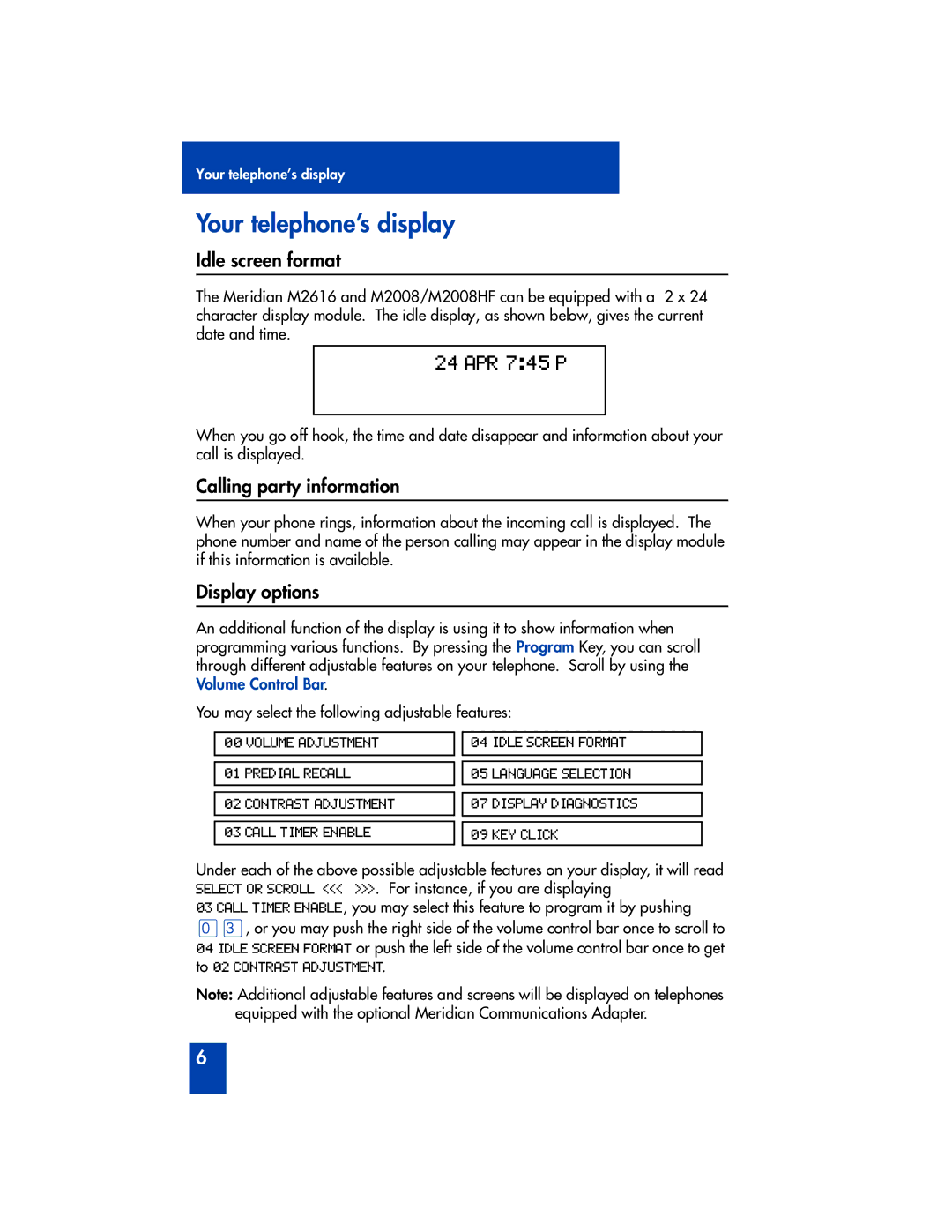 Panasonic M2616 manual Your telephone’s display, Idle screen format, Calling party information, Display options 