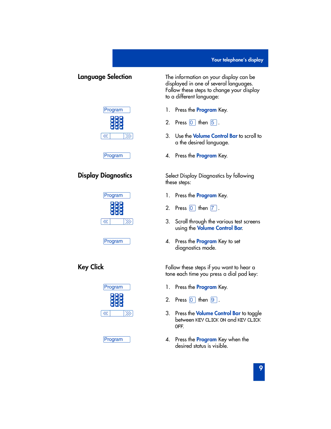 Panasonic M2616 manual Language Selection, Display Diagnostics, Key Click 