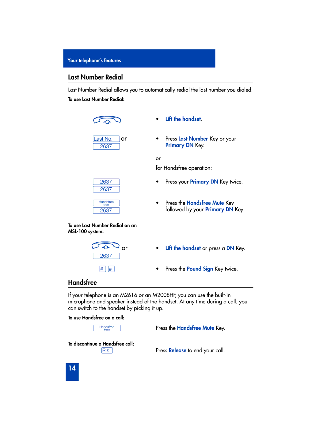 Panasonic M2616 manual Last Number Redial, Ãor, Press the Handsfree Mute Key 