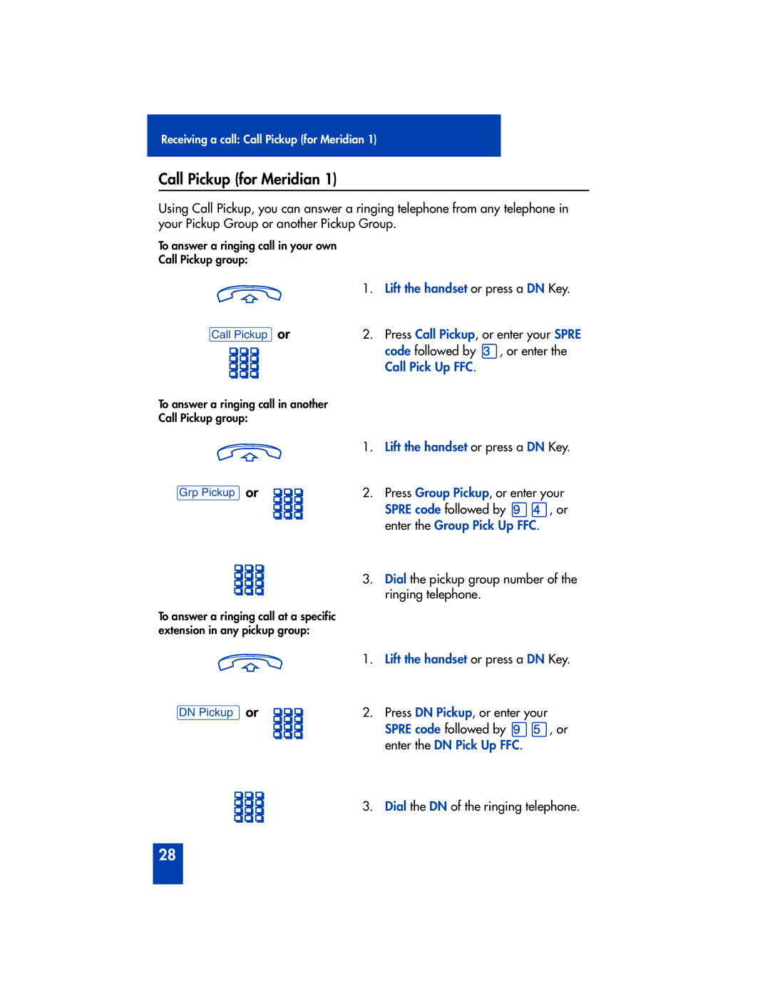 Panasonic M2616 manual Call Pickup for Meridian, Enter the Group Pick Up FFC, Enter the DN Pick Up FFC 