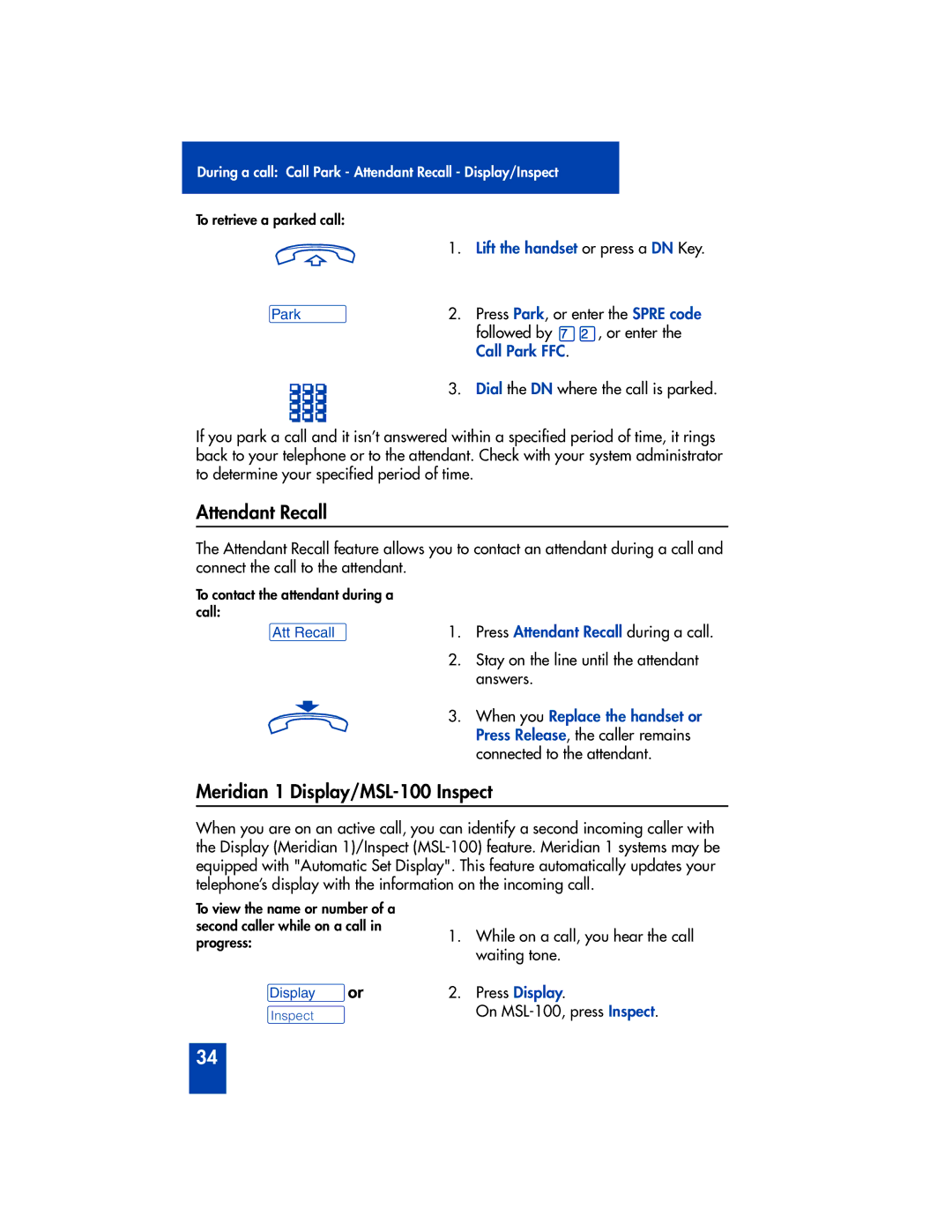 Panasonic M2616 manual Attendant Recall, Meridian 1 Display/MSL-100 Inspect 