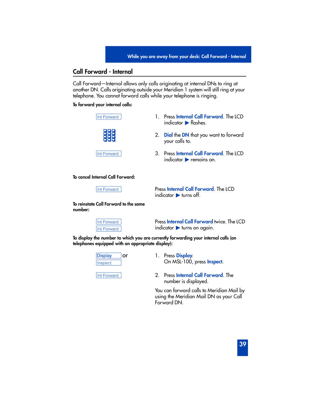 Panasonic M2616 manual Call Forward Internal, ºInt Forward Indicator ¼ turns on again, ºInspect ºInt Forward 