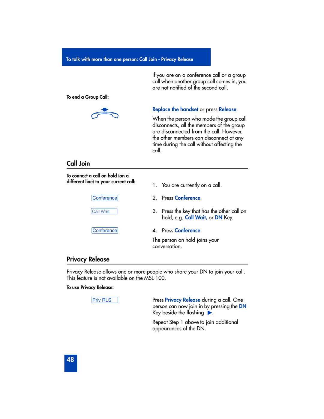 Panasonic M2616 manual Call Join, Privacy Release, ºCall Wait 