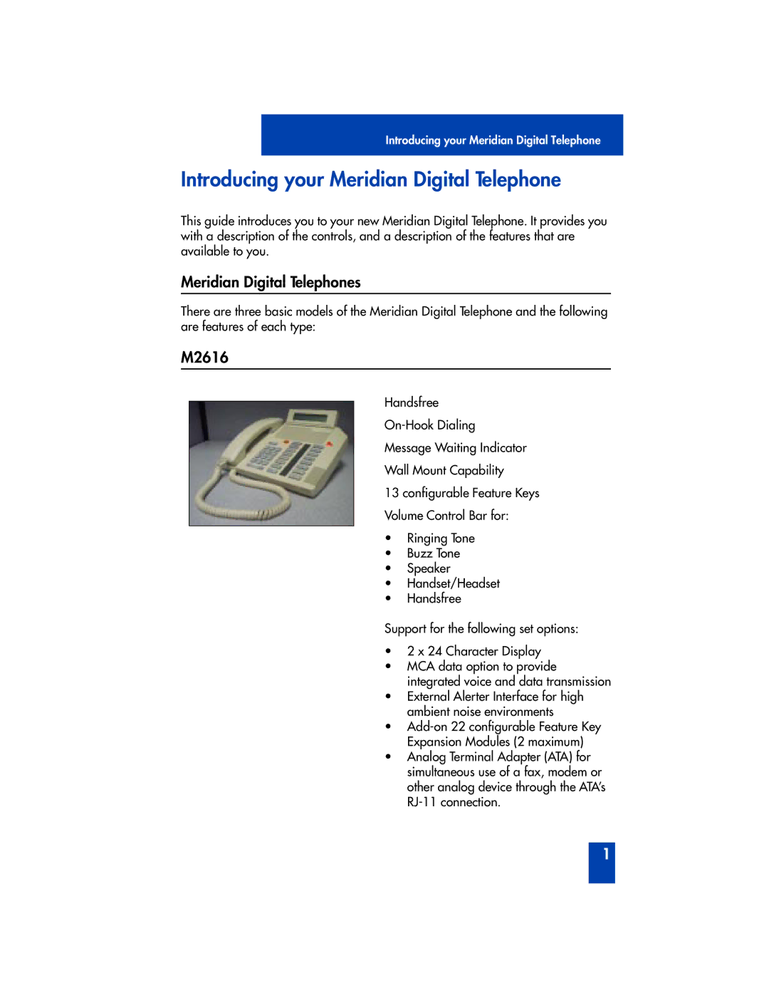 Panasonic M2616 manual Introducing your Meridian Digital Telephone, Meridian Digital Telephones 