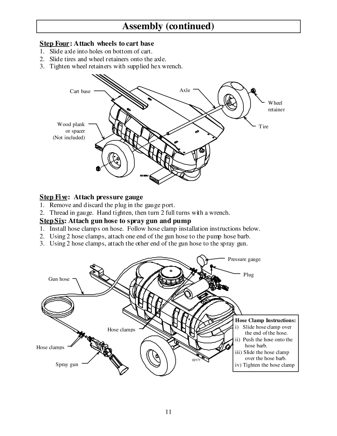 Panasonic M282737F owner manual Step Four Attach wheels to cart base, Step Five Attach pressure gauge 