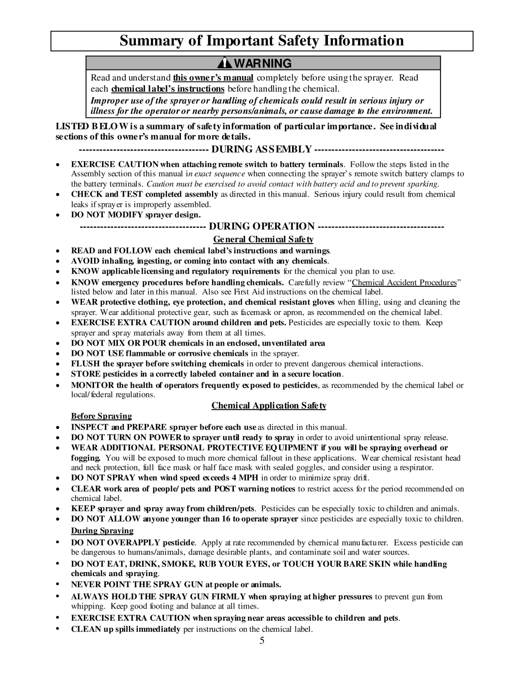 Panasonic M282737F Summary of Important Safety Information, During Assembly, During Operation, General Chemical Safety 
