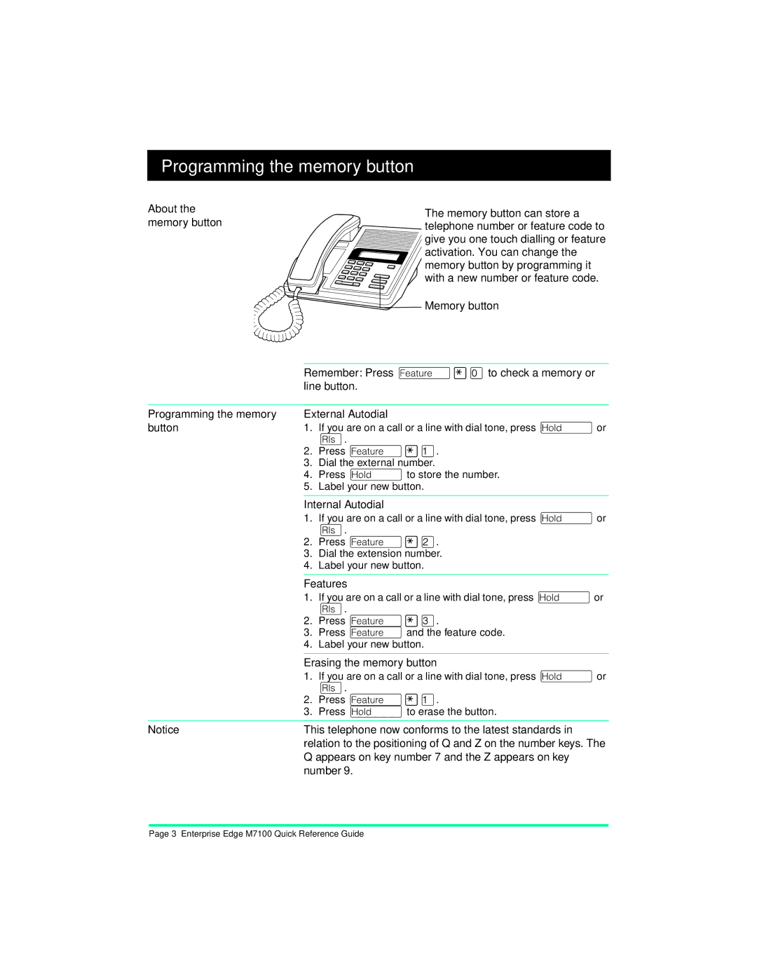 Panasonic M7100 manual Programming the memory button 