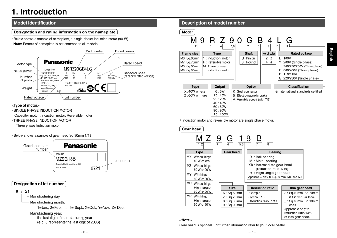 Panasonic M9RZ90GB4LG manual Model identification, Description of model number 