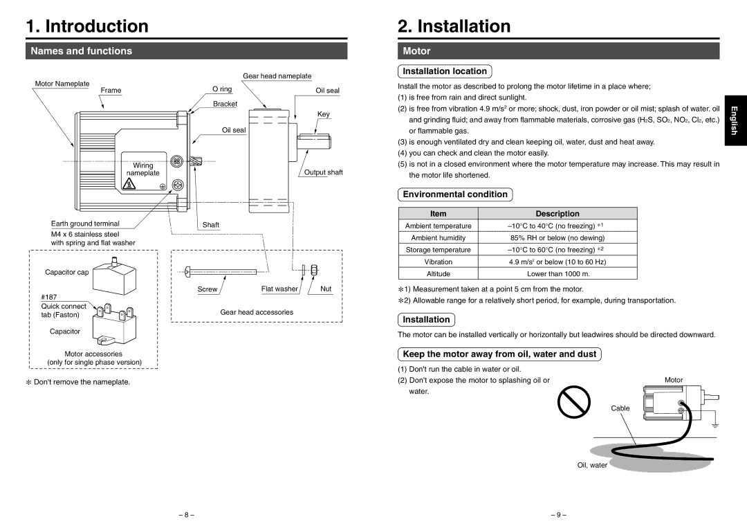 Panasonic M9RZ90GB4LG manual Names and functions, Motor 