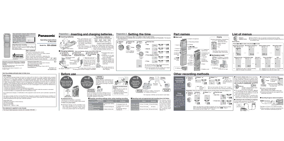 Panasonic Matrix System operating instructions Preparation 2 Setting the time Part names List of menus 