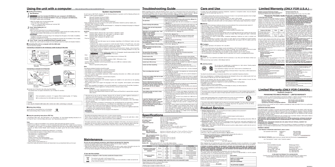 Panasonic Matrix System GInstalling Voice Editing Start Windows, Symptom, Unit, Click Voice Editing Ver.1.0, Batteries 