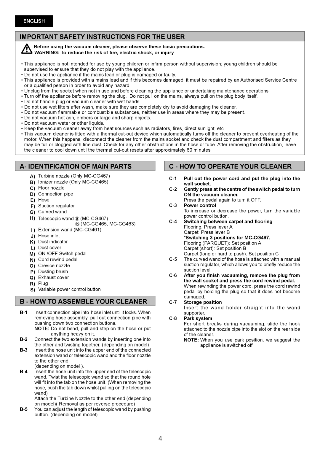 Panasonic MC-CG463 Important Safety Instructions for the User, Identification of Main Parts, HOW to Assemble Your Cleaner 