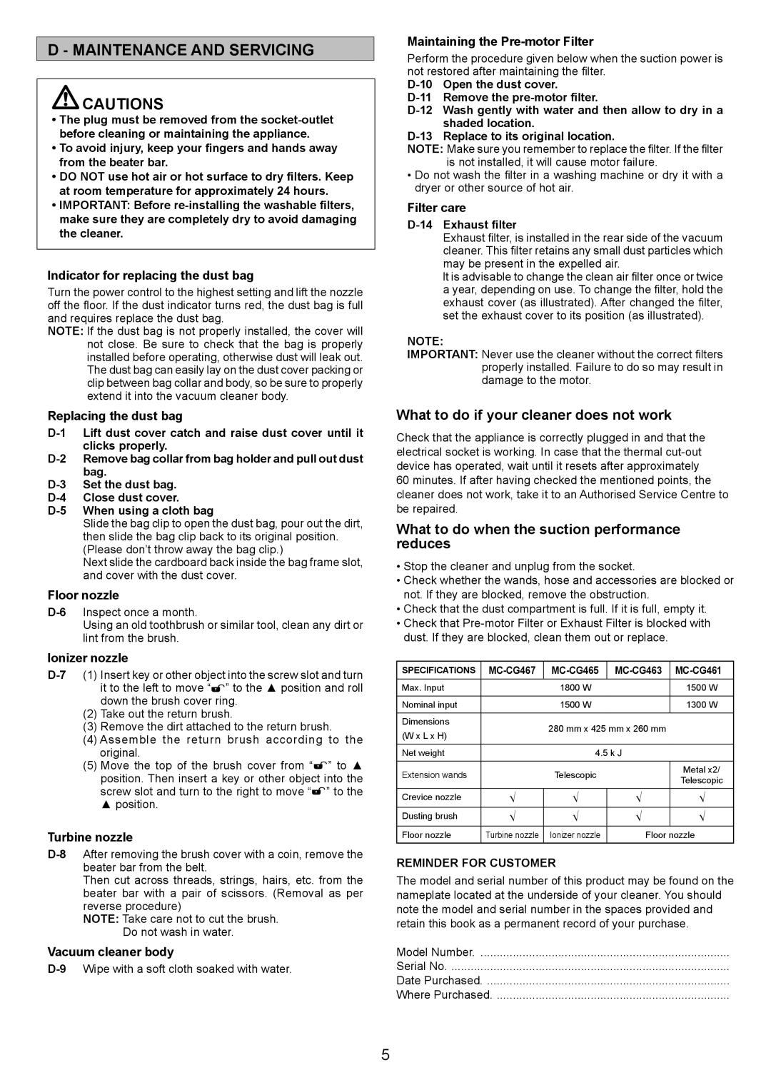 Panasonic MC-CG461, MC-CG465, MC-CG463 operating instructions Maintenance and Servicing, Exhaust ﬁlter 