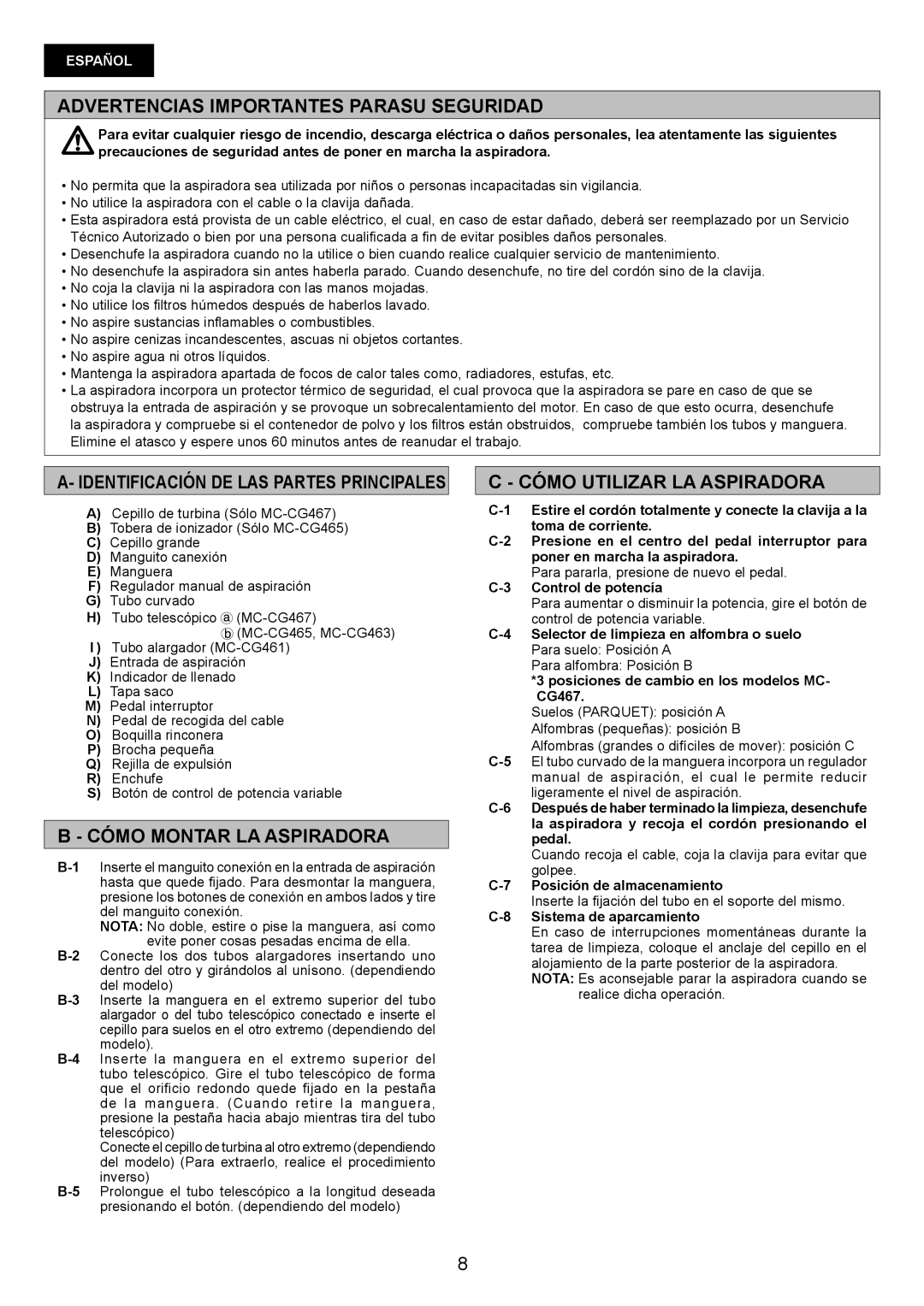 Panasonic MC-CG461 Advertencias Importantes Parasu Seguridad, Cómo Montar LA Aspiradora, Cómo Utilizar LA Aspiradora 