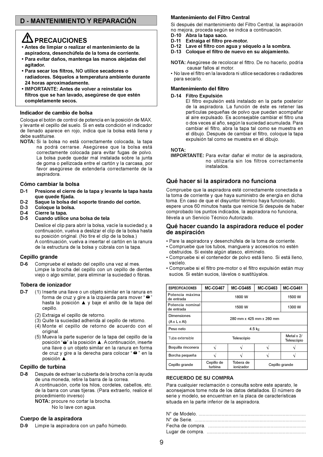 Panasonic MC-CG465, MC-CG463, MC-CG461 operating instructions Mantenimiento Y Reparación Precauciones, Filtro Expulsión 