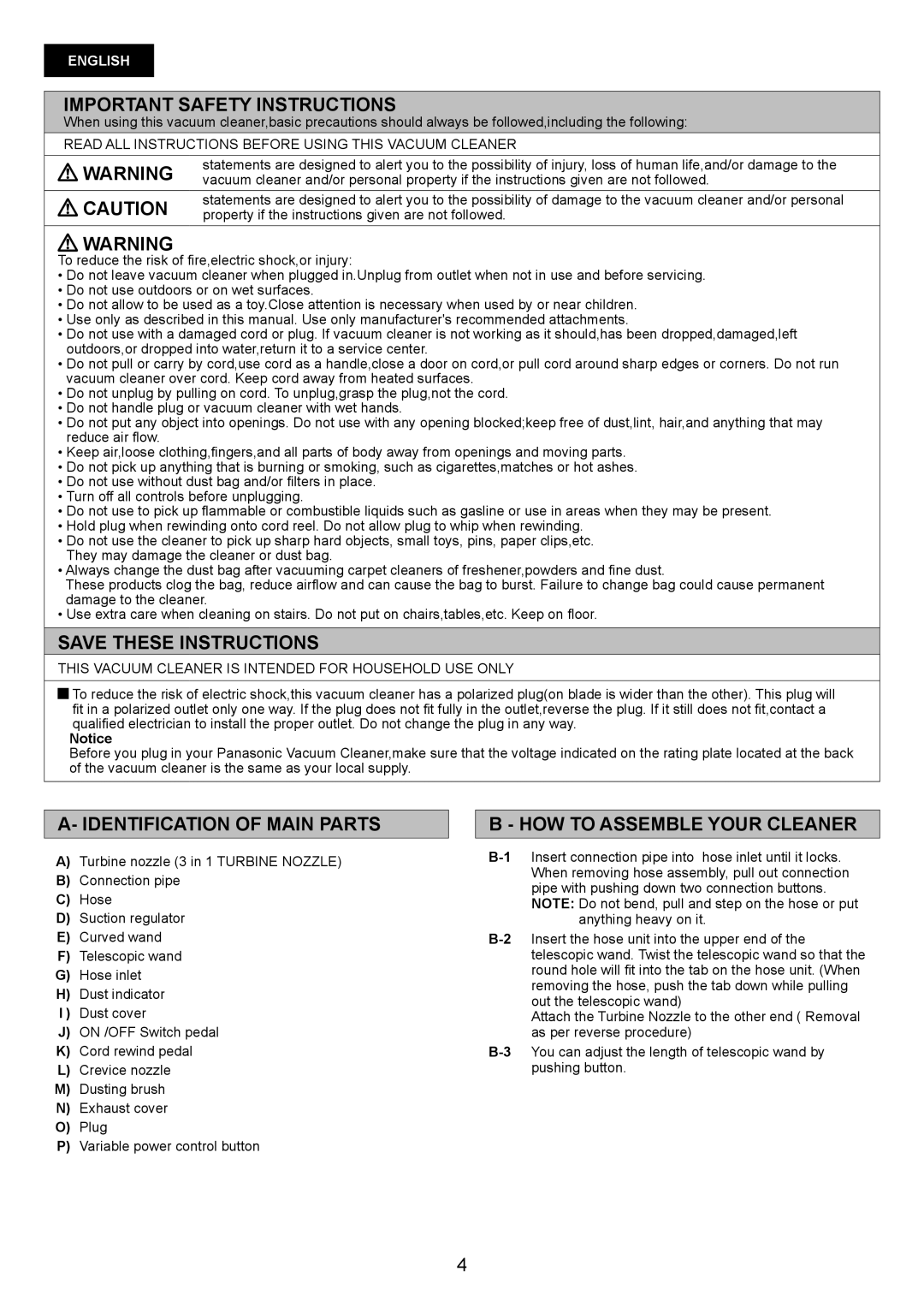 Panasonic MC-CG467 manual Important Safety Instructions, Identification of Main Parts, HOW to Assemble Your Cleaner 