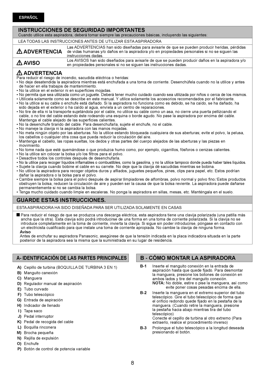 Panasonic MC-CG467 manual Instrucciones DE Seguridad Importantes, Aviso Advertencia, Guarde Estas Instrucciones 