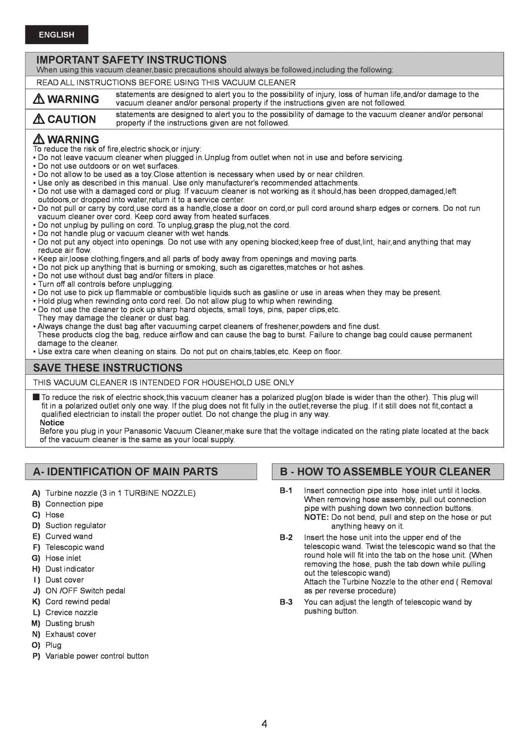 Panasonic MC-CG467 manual Important Safety Instructions, Save These Instructions, A- Identification Of Main Parts, English 
