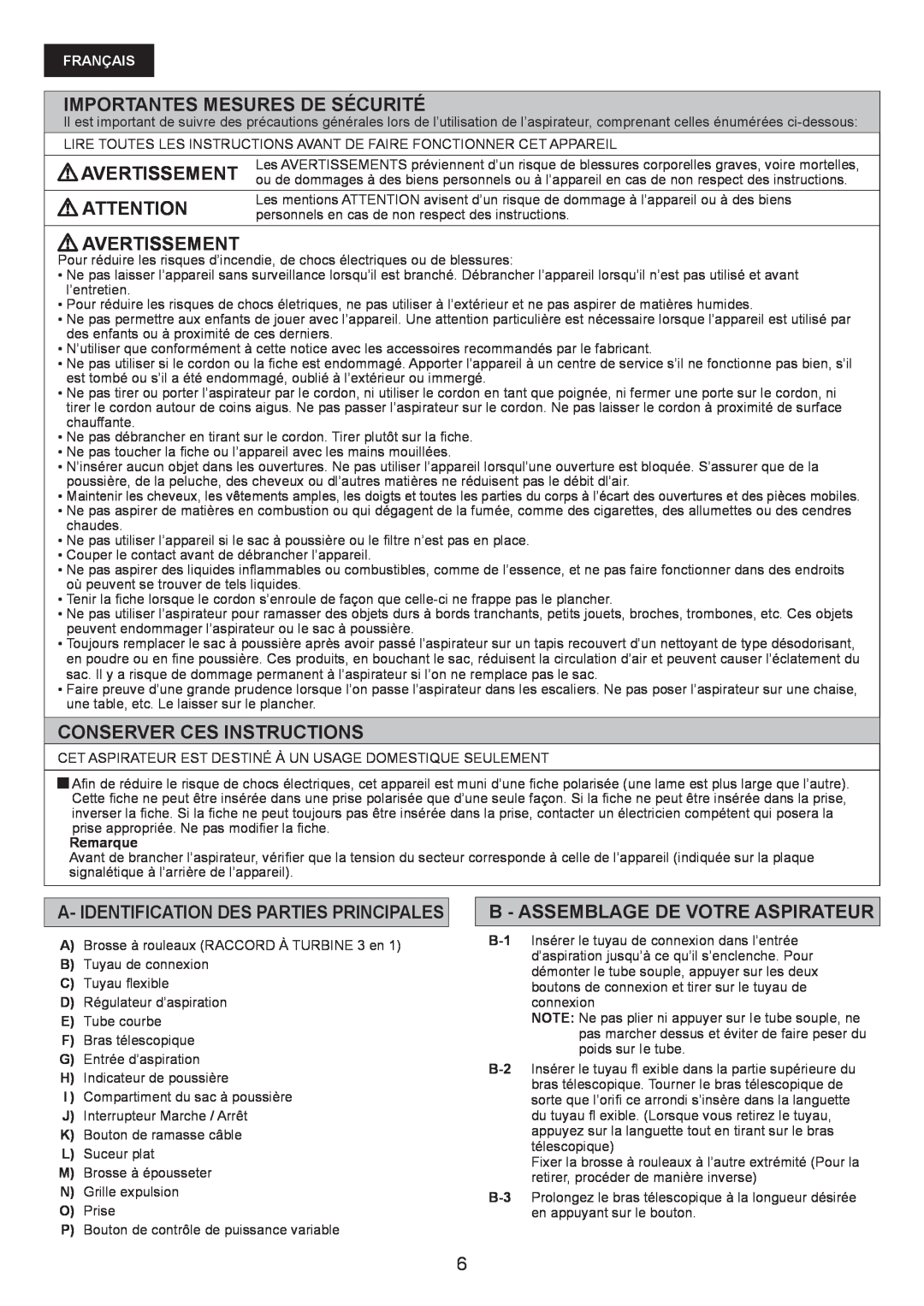 Panasonic MC-CG467 manual Importantes Mesures De Sécurité, Avertissement, Conserver Ces Instructions, Français 