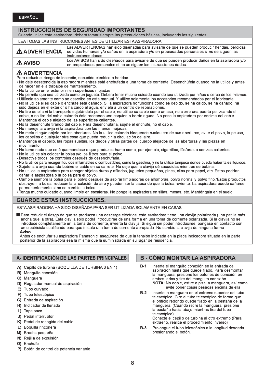 Panasonic MC-CG467 manual Instrucciones De Seguridad Importantes, Aviso Advertencia, Guarde Estas Instrucciones, Español 