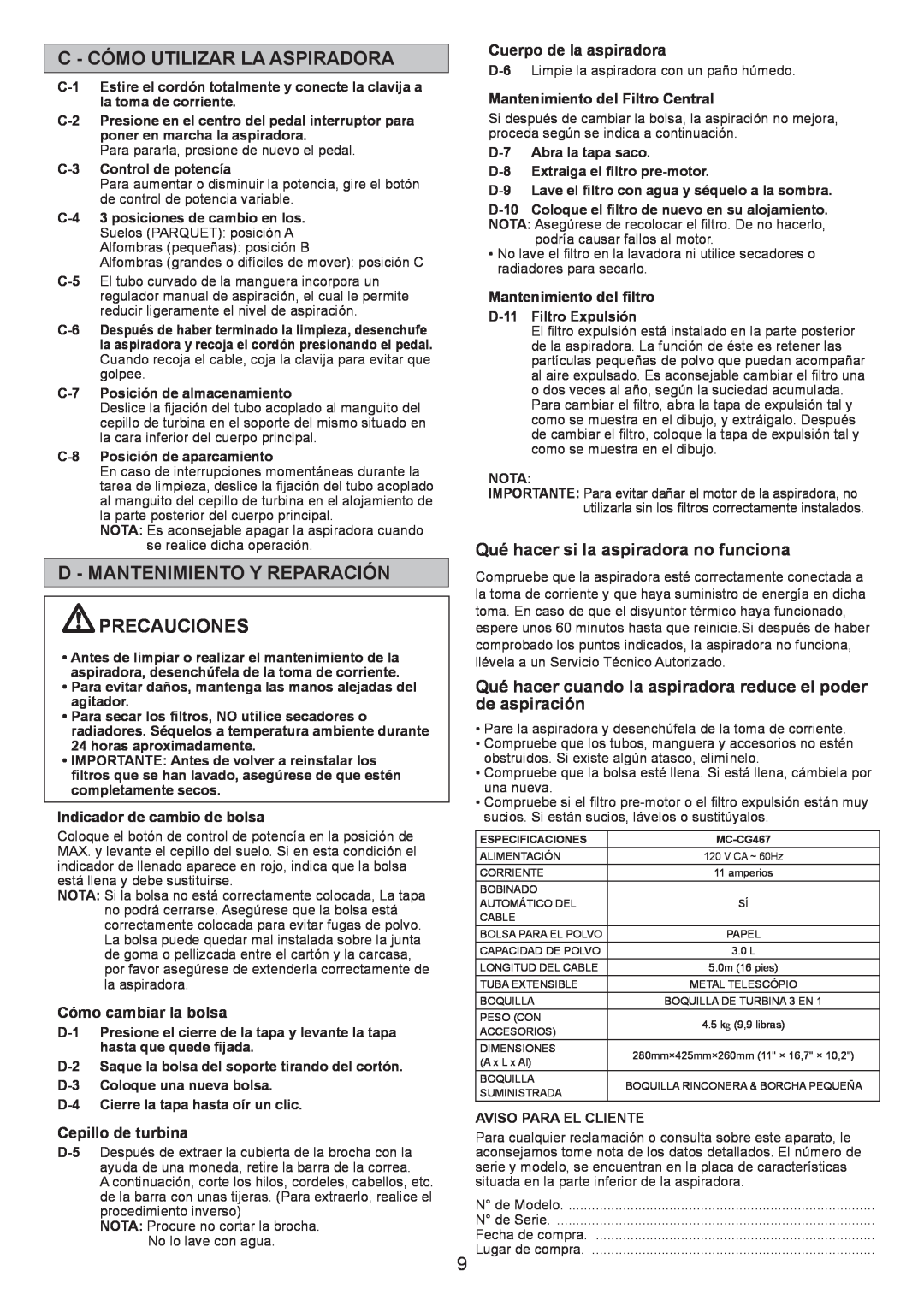 Panasonic MC-CG467 C - Cómo Utilizar La Aspiradora, D - Mantenimiento Y Reparación Precauciones, Cómo cambiar la bolsa 