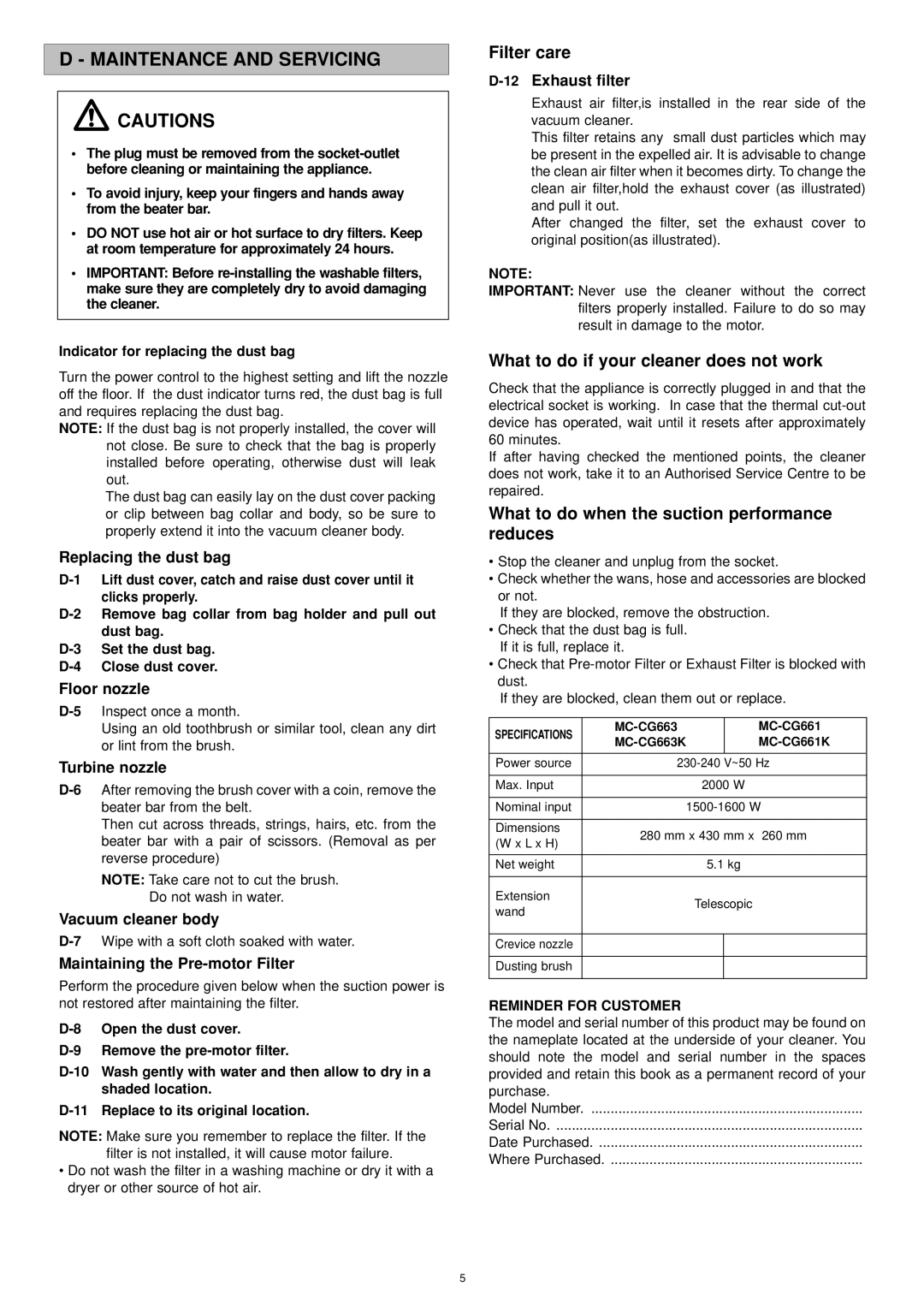 Panasonic MC-CG663 specifications Maintenance and Servicing, Reminder for Customer 