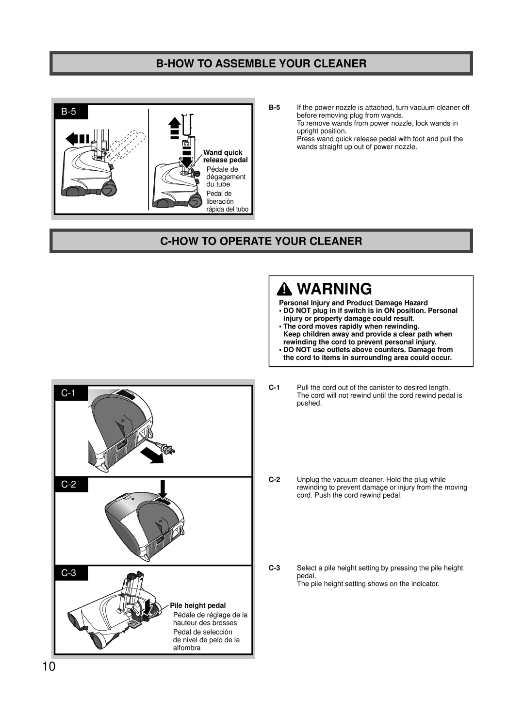 Panasonic MC-CG887, MC-CG885 manuel dutilisation HOW to Operate Your Cleaner, Pile height pedal 