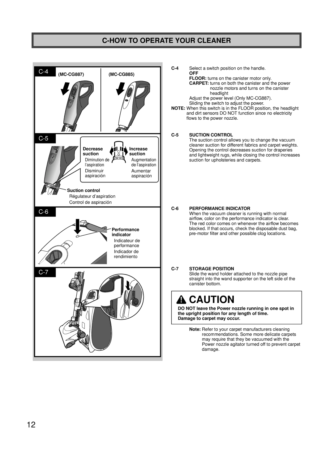 Panasonic MC-CG887, MC-CG885 manuel dutilisation Off, Suction Control, Performance Indicator, Storage Position 