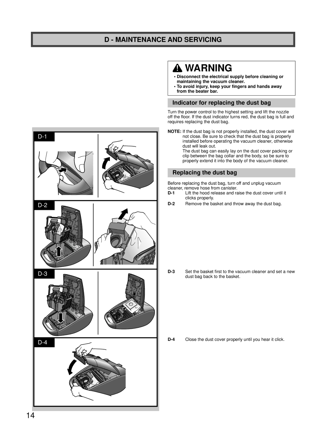 Panasonic MC-CG887, MC-CG885 Maintenance and Servicing, Indicator for replacing the dust bag, Replacing the dust bag 