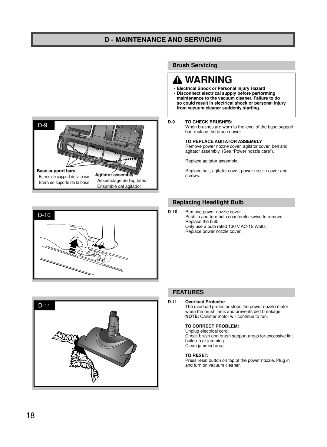 Panasonic MC-CG887, MC-CG885 manuel dutilisation Brush Servicing, Replacing Headlight Bulb, Features 