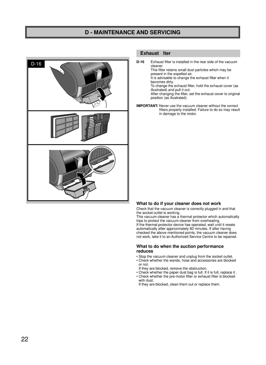 Panasonic MC-CG887, MC-CG885 manuel dutilisation Exhaust ﬁlter, What to do if your cleaner does not work 