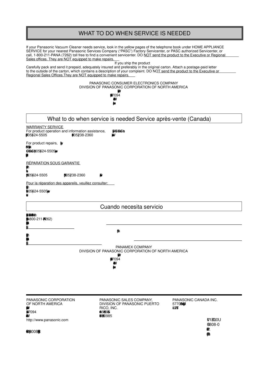 Panasonic MC-CG887, MC-CG885 What to do When Service is Needed, Cuando necesita servicio, Rico, Inc, Panasonic Canada INC 