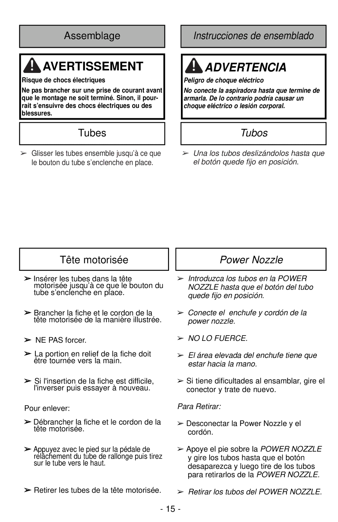 Panasonic MC-CG901 operating instructions Assemblage, Tubes, Instrucciones de ensemblado, Tubos 